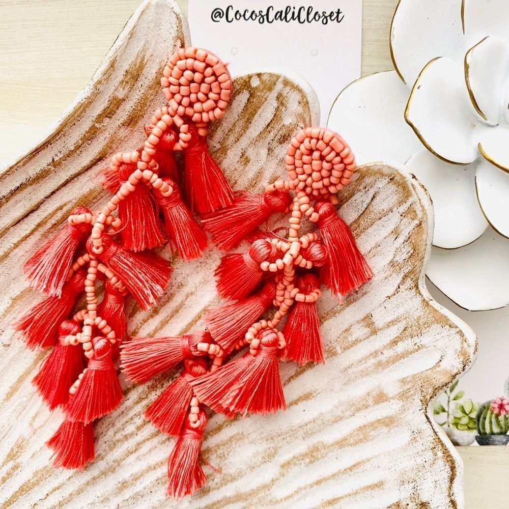 Boho Coral Pink Tiered Tassel Beaded Drop Earrings NWT
